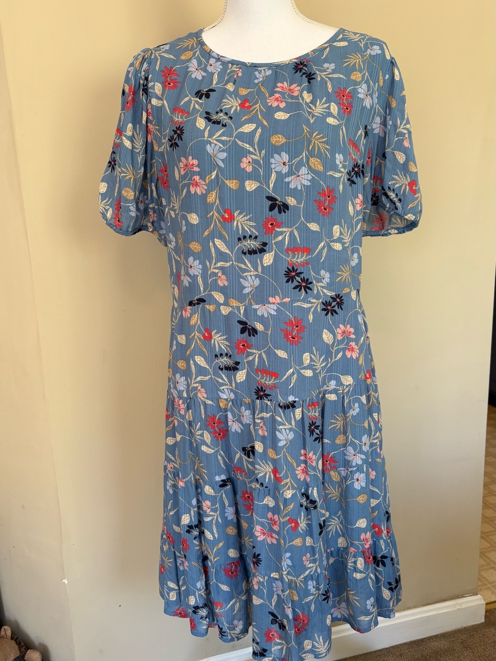 Blue Floral Short-Sleeve Midi Dress